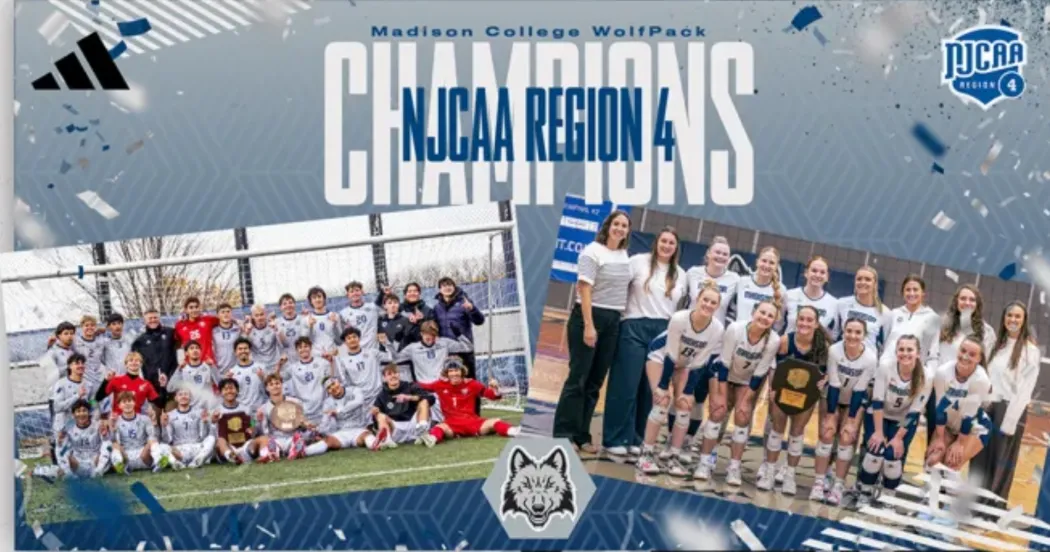 Images of men's soccer team and women's volleyball team in a logo background celebrating the team's upcoming NJCAA competition.
