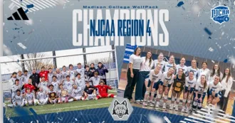 Images of men's soccer team and women's volleyball team in a logo background celebrating the team's upcoming NJCAA competition.