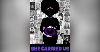 Silhouette of a Black female holding pregnant belly with photo image of Black women behind her.