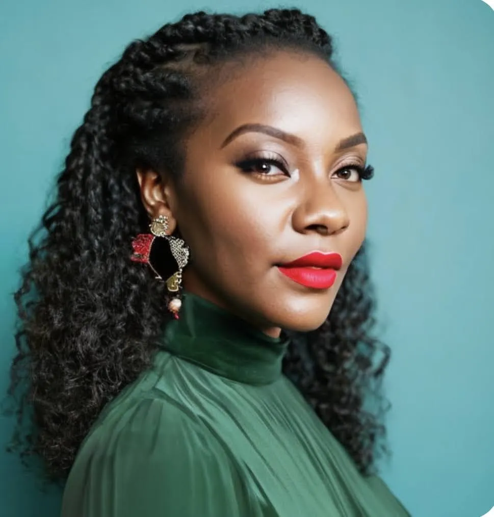 Person with long black hair, green shirt, red lipstick and earrings.