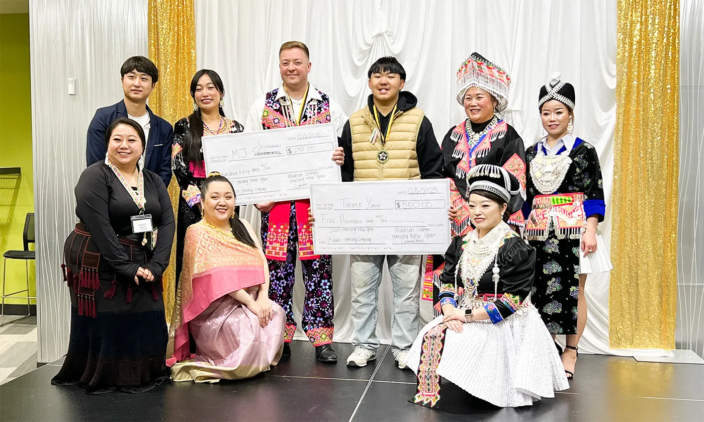 Group featuring winners and judges for the singing competition