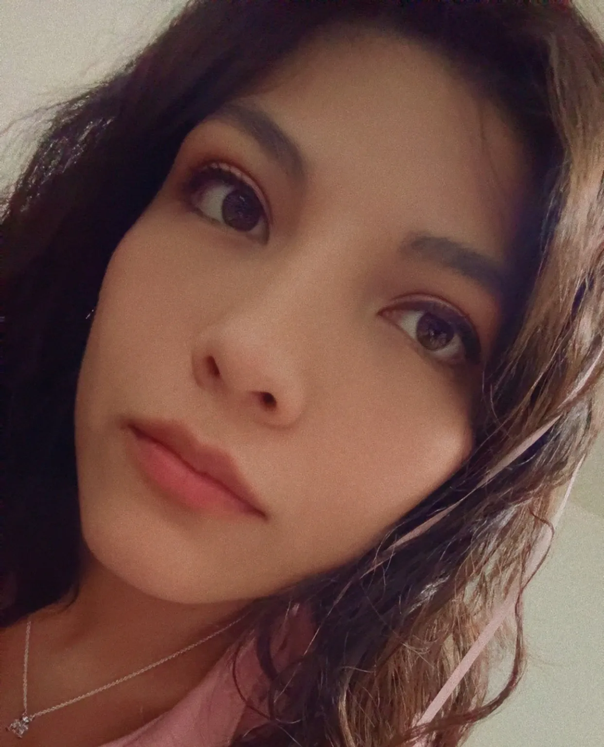 Face of female looking at camera with brown hair.