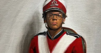Painting of young male wearing a band uniform, red with black and white details, glasses and a hat.