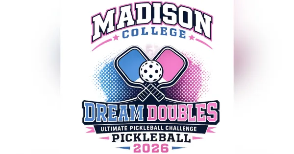 Logo with blue and pink pickleball paddles.