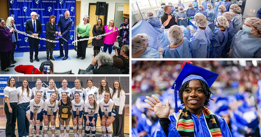 A collage photo showing students in a surgical tech lab wearing scrubs, a graduate with blue cap and gown waving, the women's volleyball team posing for a photo, and Gov. Evers, President Berne cutting the ribbon at the Early Learning Campus Goodman South.