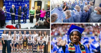 A collage photo showing students in a surgical tech lab wearing scrubs, a graduate with blue cap and gown waving, the women's volleyball team posing for a photo, and Gov. Evers, President Berne cutting the ribbon at the Early Learning Campus Goodman South.