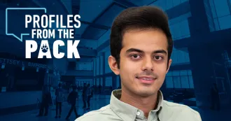 Student Hassan, dark hair, wearing light brown shirt, shown in a logo with image of the Madison College entrance behind him.