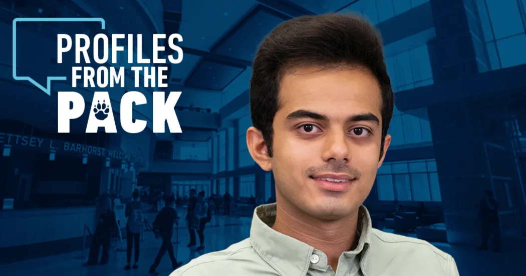 Student Hassan, dark hair, wearing light brown shirt, shown in a logo with image of the Madison College entrance behind him.