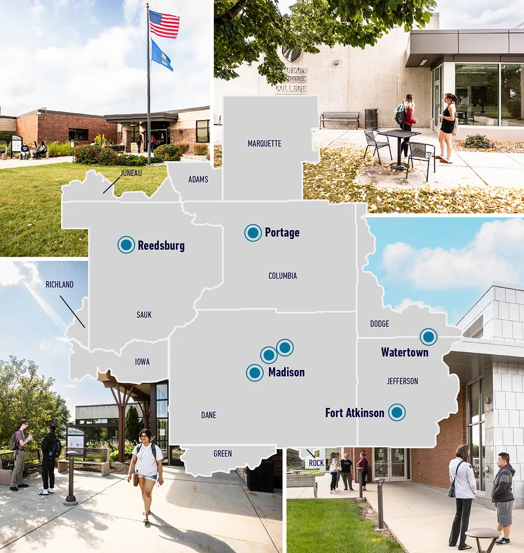Map of Madison College Campuses: Reedsburg, Portage, Fort Atkinson and Watertown