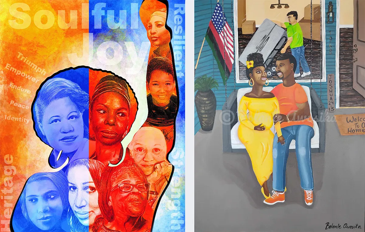 Two colorful paintings of figures as part of the SOULful Joy art show